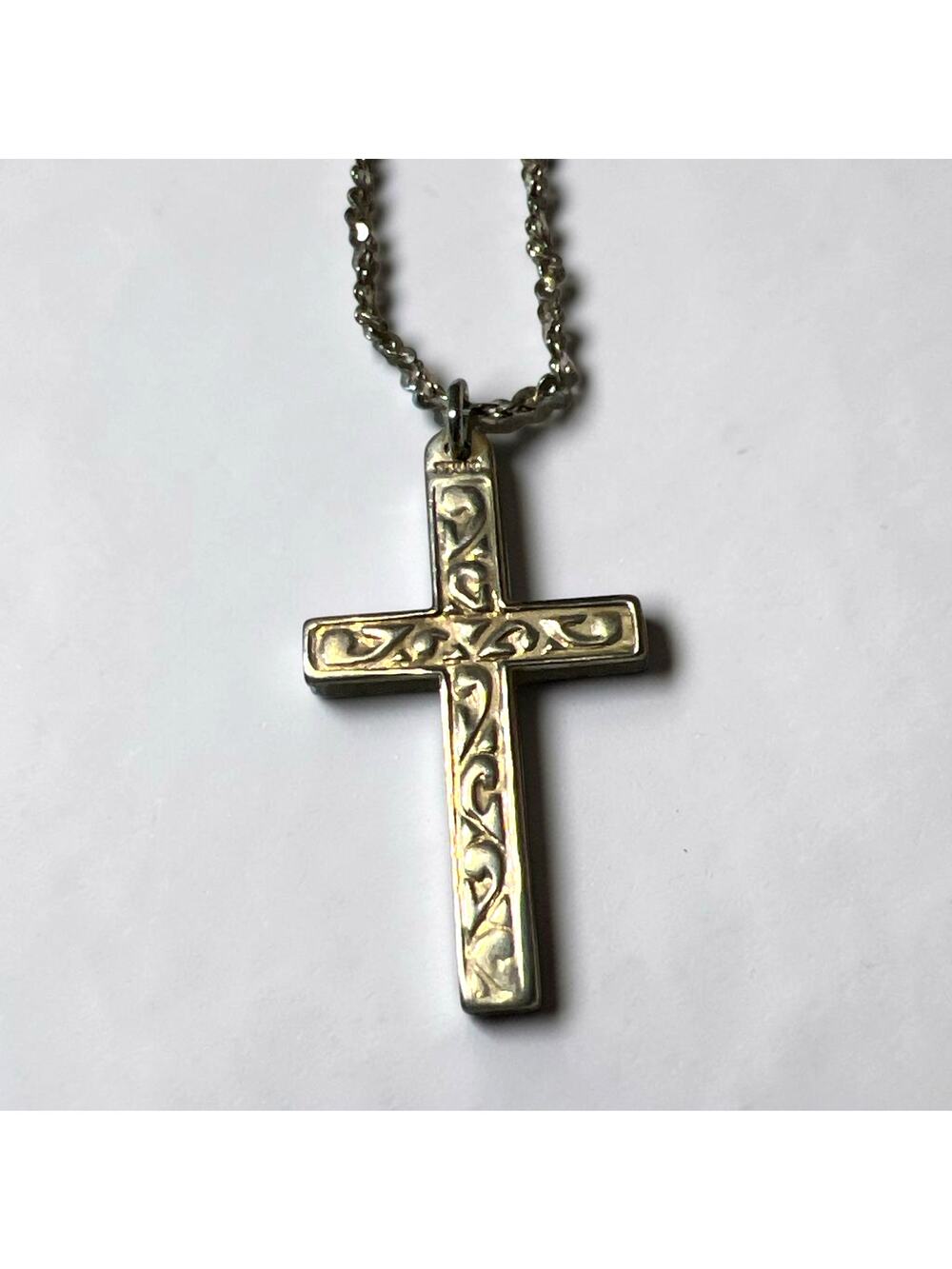 Vintage Sterling Silver Etched Cross Pendant, 925 Rope Chain Ornate Scrollwork